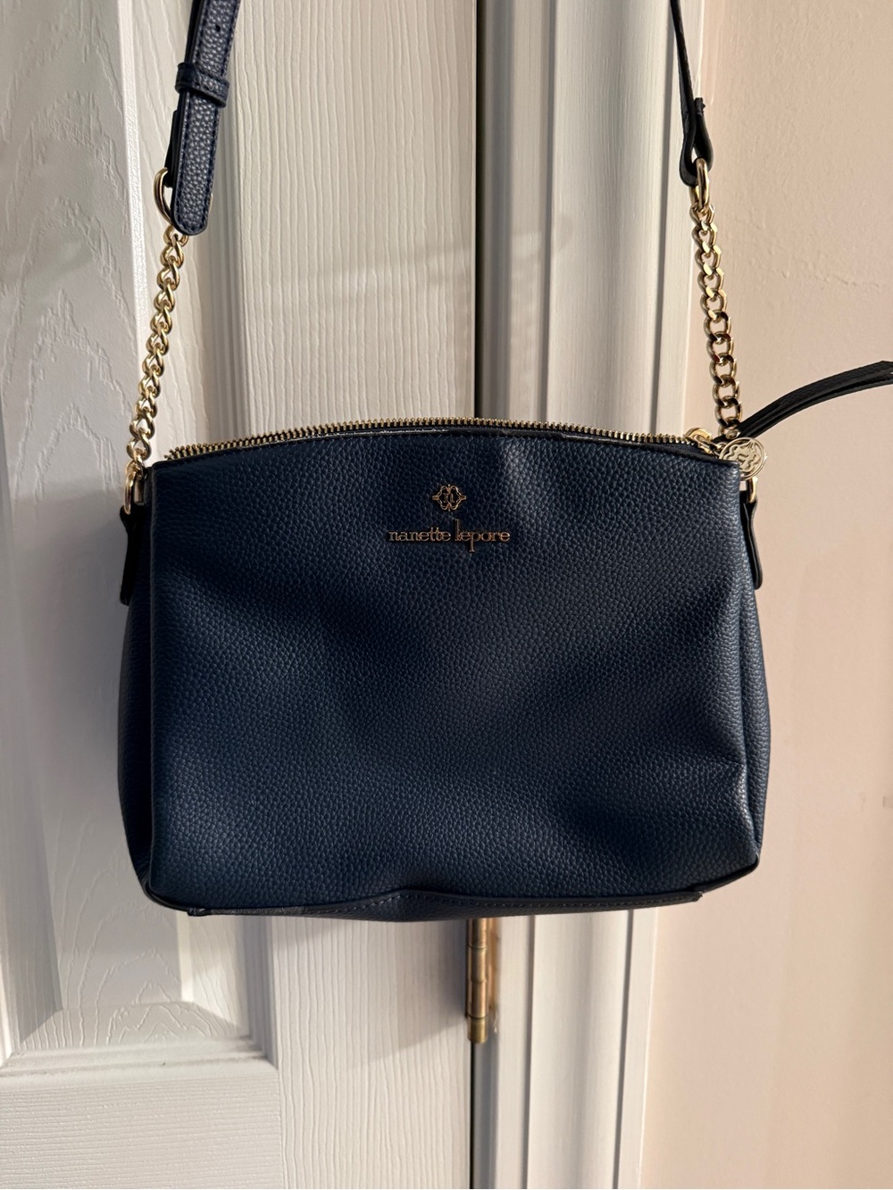 Nanette Lepore Navy Pebbled Leather Crossbody with Gold Chain